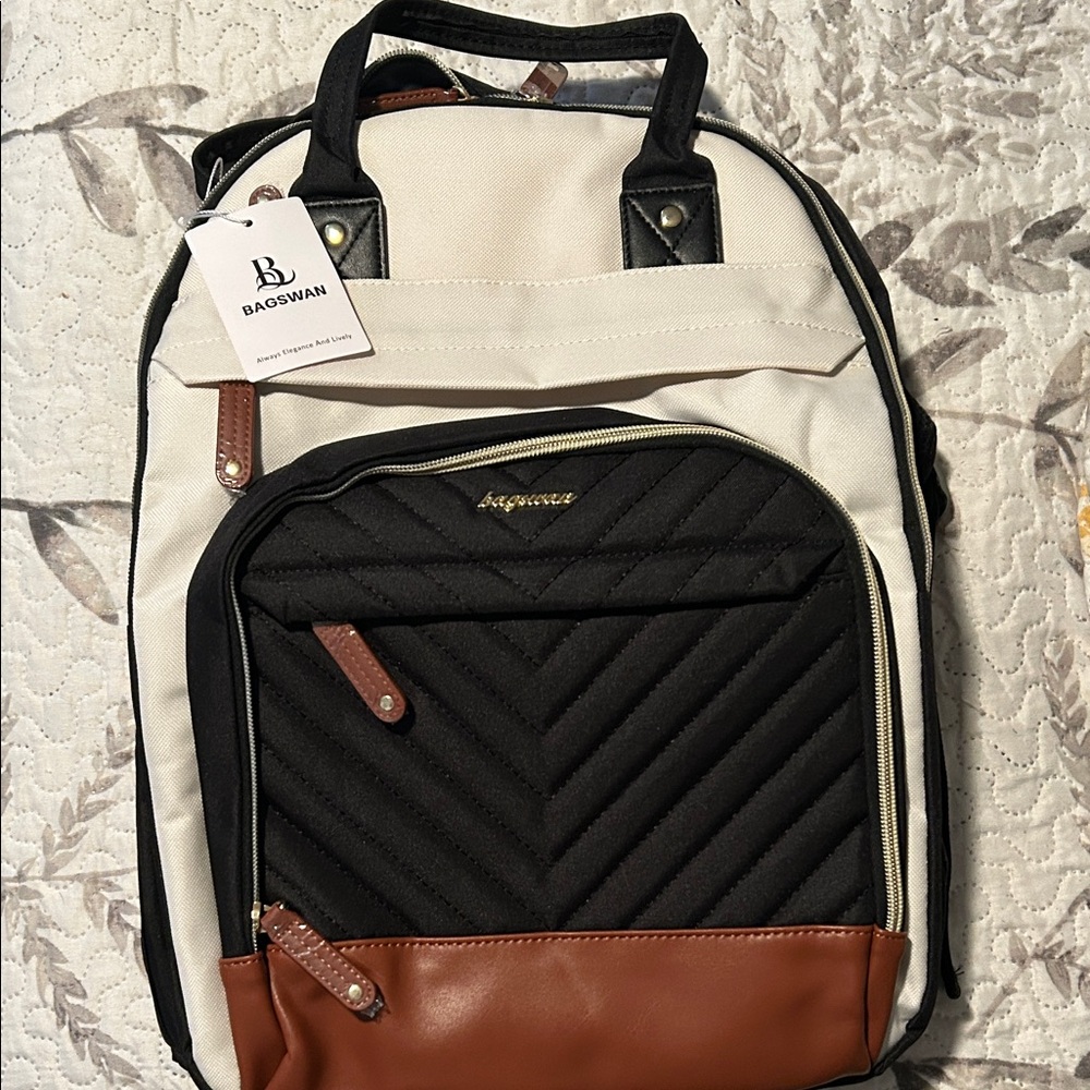 Black & Cream Quilted Backpack with Brown Accents